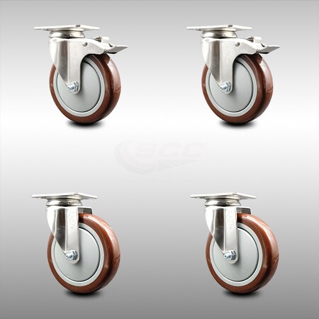 Service Caster 5 Inch 316SS Maroon Polyurethane Wheel Swivel Top Plate Caster Lock Brakes, 2PK SCC-SS316TTL20S514-PPUB-MRN-2-S-2
